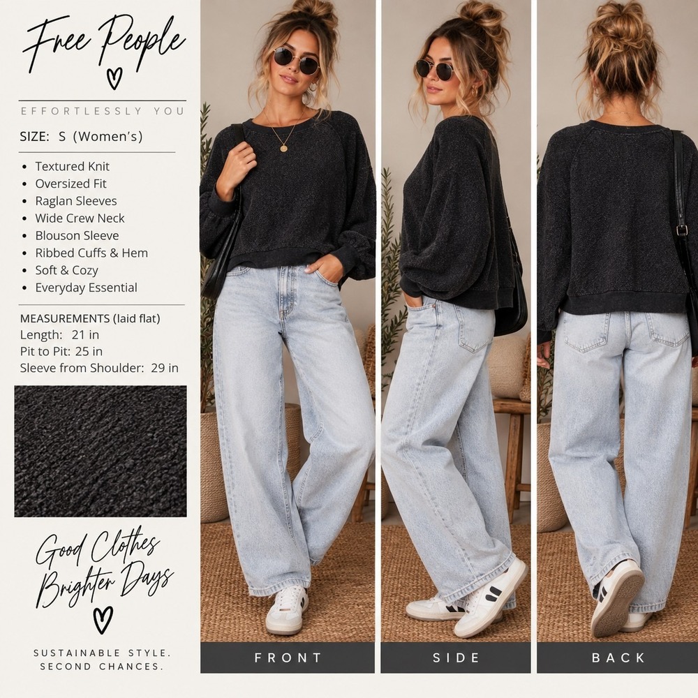 Free People Sweater Women S Faded Black Oversized Textured Knit Slouchy Pullover